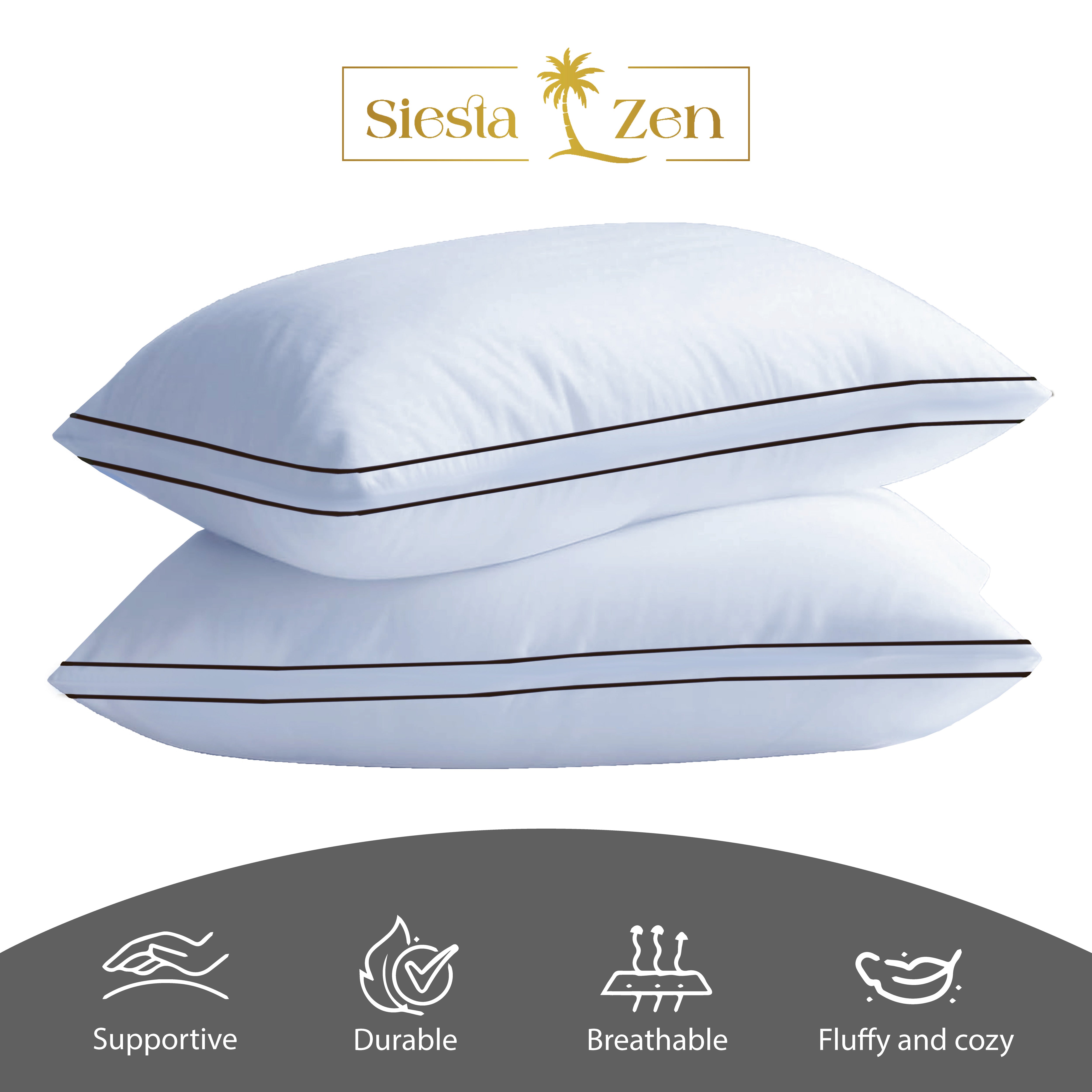 Hotel Quality Hollow-Fiber Filled Pillows (Pack of 2) – Plush Down-Alternative, Breathable, Hypoallergenic, Medium-Firm Support, Quick Bounce-Back, Double Piping Standard Pillows