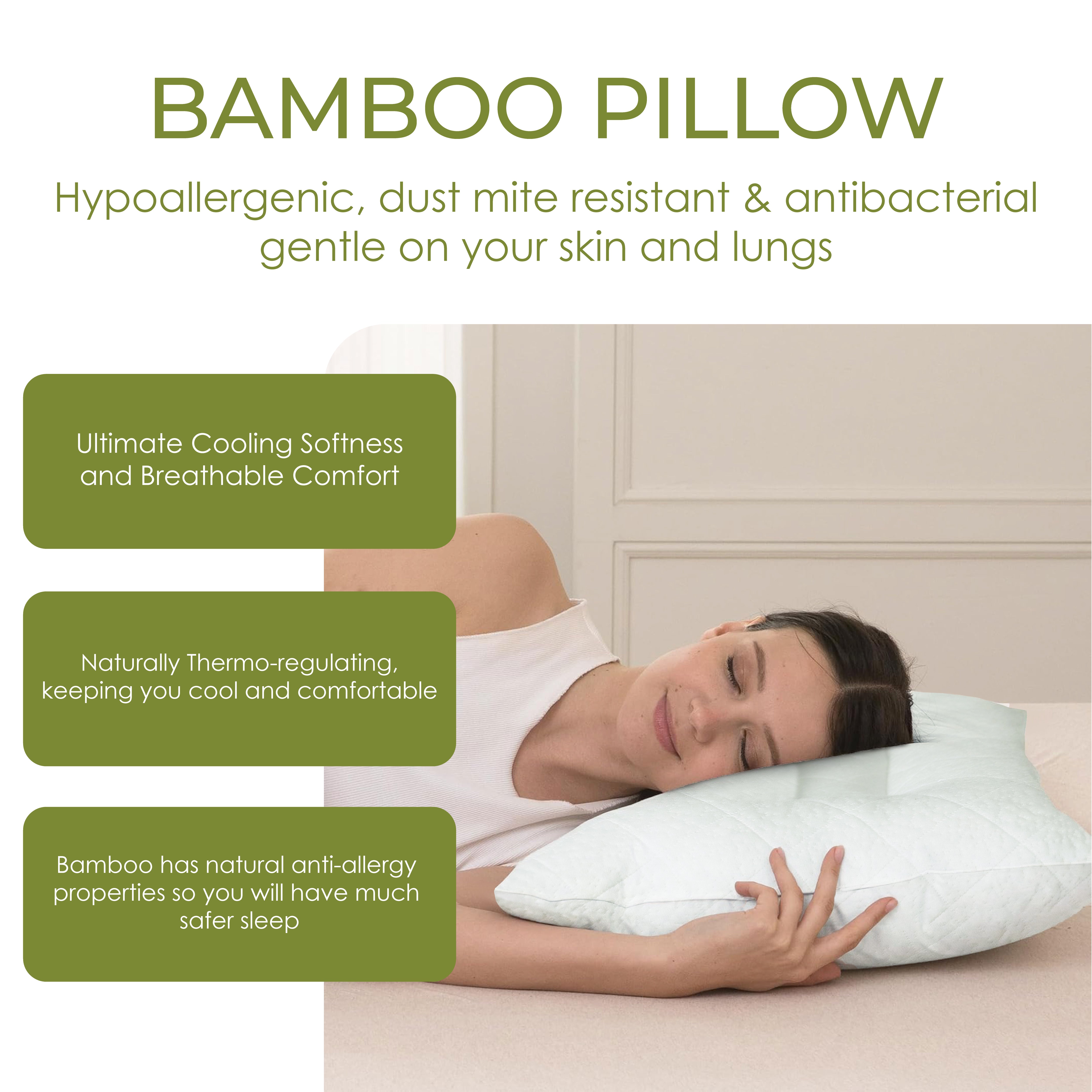Ultimate Sleep Bamboo Filled Pillow (Pack of 2)  Standard Size Ergonomic Bed Pillows with Zipper, Virgin Hollowfiber Fill, Hypoallergenic, Breathable Cervical Neck Support for Side Sleepers