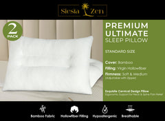 Ultimate Sleep Bamboo Filled Pillow (Pack of 2)  Standard Size Ergonomic Bed Pillows with Zipper, Virgin Hollowfiber Fill, Hypoallergenic, Breathable Cervical Neck Support for Side Sleepers